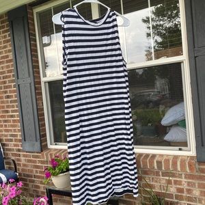 White and navy striped slit midi dress